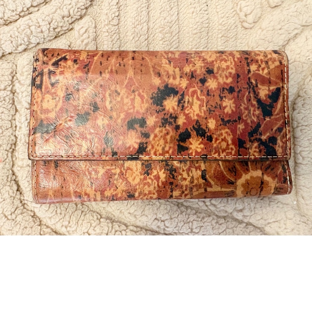Patricia‎ Nash Italian Leather Trifold Wallet Floral Tapestry Print Brown Tan